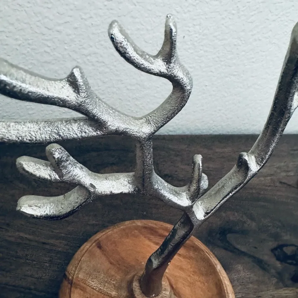 Silver Wood Base Metal Jewelry Tree Display Stand Organizer